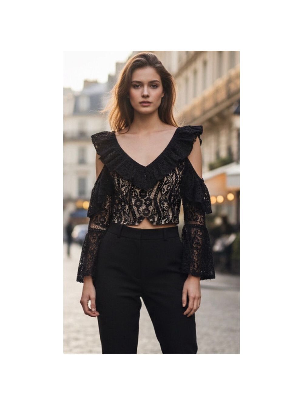 ASALAH Black Lace Ruffle Crop Top Size 1 (XS/S)